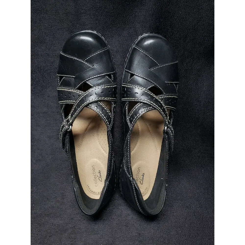 Clarks Ultimate Comfort Black Leather Mary Jane Loafers Adjustable Strap Shoes